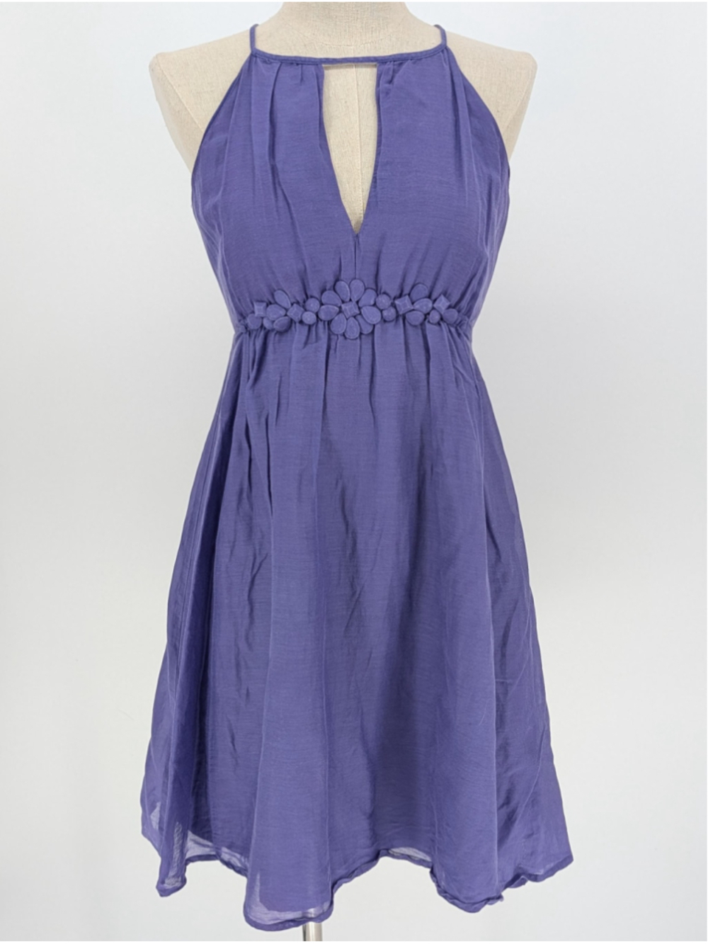 Poetry Purple Cotton Silk Halter Mini Dress Empire Waist S Keyhole Floral Y2K